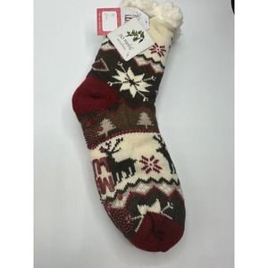 NEW MUKLUKS Faux Fur Nordic Fair Isle Holiday Womens Lounge Socks Knit Red E4